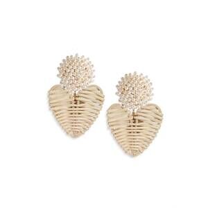 NEW NEELY PHELAN women's cluster pearl rattan heart drops in natural